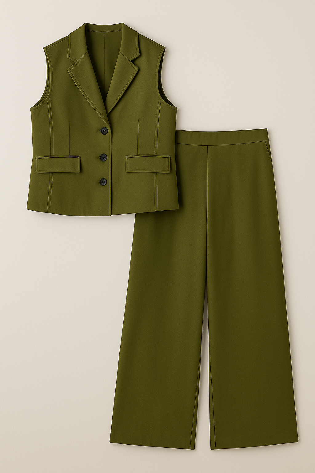 Completo Donna con Gilet Senza Maniche e Pantaloni a Gamba Larga - Verde militare - Complete Outfit completo completo donna donna dress outfit gamba gilet larga maniche outfit set outfit sets - Concept Palermo