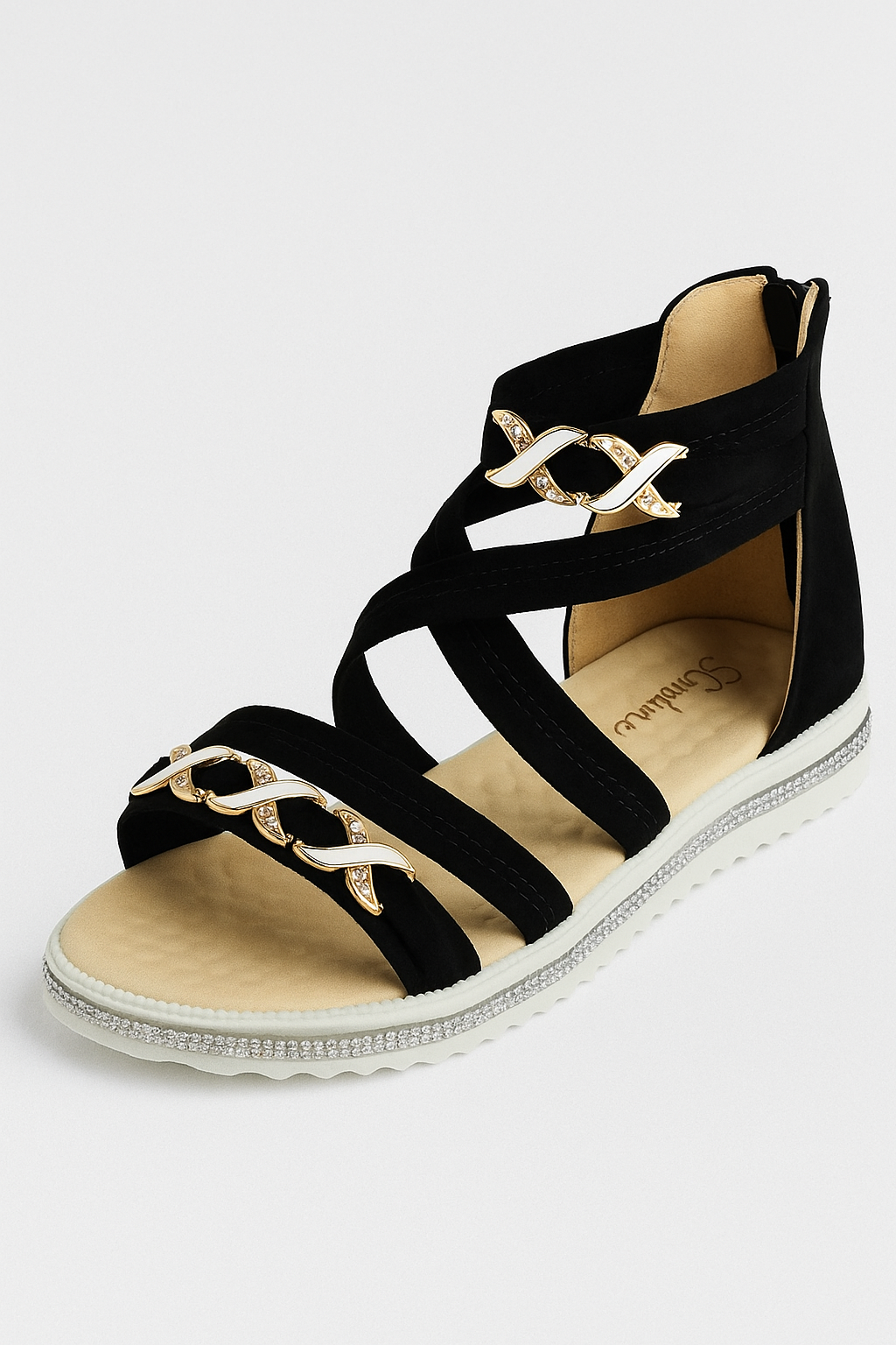 Sandali Estivi da Donna con Cinturino Incrociato e Dettagli a Catena - Nero - casual sandals catena cinturino dettagli donna elegant sandals elsie | sandali estivi da donna con cinturino incrociato e dettagli a catena eleganti - €25 estivi fashion sandals flat sandals incrociato sandali - Concept Palermo