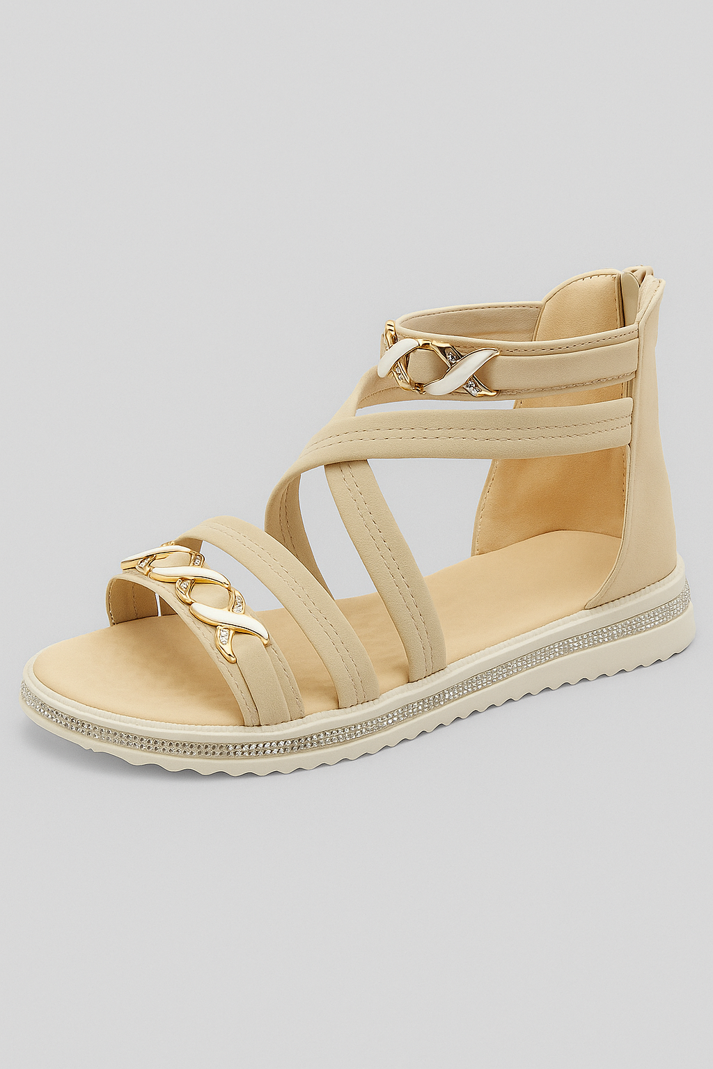 Sandali Estivi da Donna con Cinturino Incrociato e Dettagli a Catena - Beige - casual sandals catena cinturino dettagli donna elegant sandals elsie | sandali estivi da donna con cinturino incrociato e dettagli a catena eleganti - €25 estivi fashion sandals flat sandals incrociato sandali - Concept Palermo