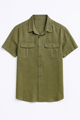 Camicia Lino Uomo Maniche Corte con Taschino, Estiva Casual Traspirante - Verde militare - anteriori camicia camicia estiva corte estiva Linen lino maniche Men men's polo shirt men's top clothes shirts & polos Shirts und Polos Solid - Concept Palermo