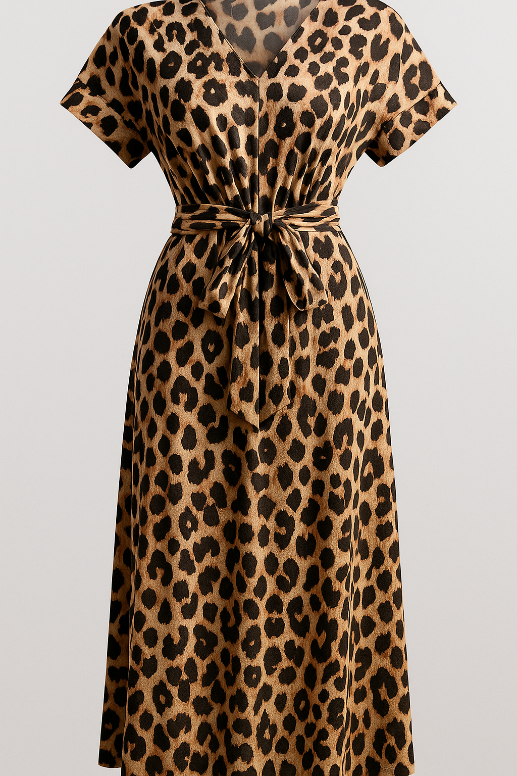 Abito Donna con Stampa Leopardata - Marrone - abbigliamento donna abito abito donna abito elegante abito lungo cintura regolabile donna dresses fashion autunnale leopardata materiale morbido outfit serale stampa stampa leopardata vestito con scollo a V vestito versatile - Concept Palermo