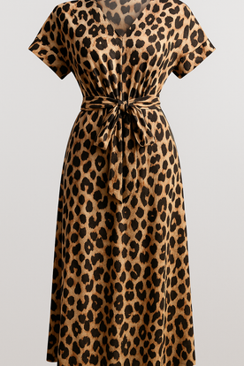 Abito Donna Leopardato Elegante - Vestito Midi Casual con Stampa Animalier - Marrone - abbigliamento donna abito abito donna abito elegante abito lungo cintura regolabile donna dresses fashion autunnale leopardata materiale morbido outfit serale Polyester Solid stampa stampa leopardata vestito con scollo a V vestito versatile Women - Concept Palermo