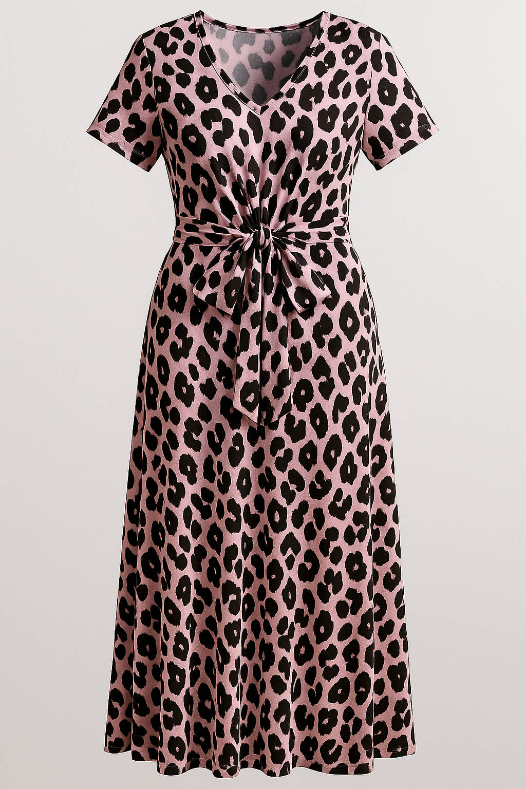 Abito Donna con Stampa Leopardata - Rosa - abbigliamento donna abito abito donna abito elegante abito lungo cintura regolabile donna dresses fashion autunnale leopardata materiale morbido outfit serale stampa stampa leopardata vestito con scollo a V vestito versatile - Concept Palermo