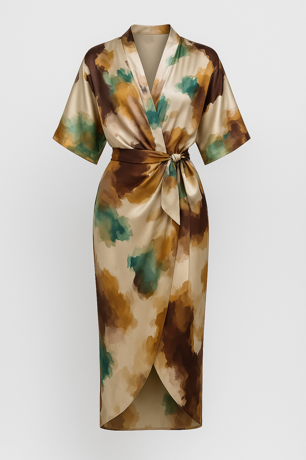 Abito da Donna in Satin Elegante con Stampa Astratta Floreale, Lunghezza Midi - Khaki - abito abito con stampa astratta abito da donna abito donna abito in satin abito versatile astratta design artistico donna dresses eleganza e comfort look audaci moda femminile satin stampa vestito al ginocchio vestito elegante - Concept Palermo