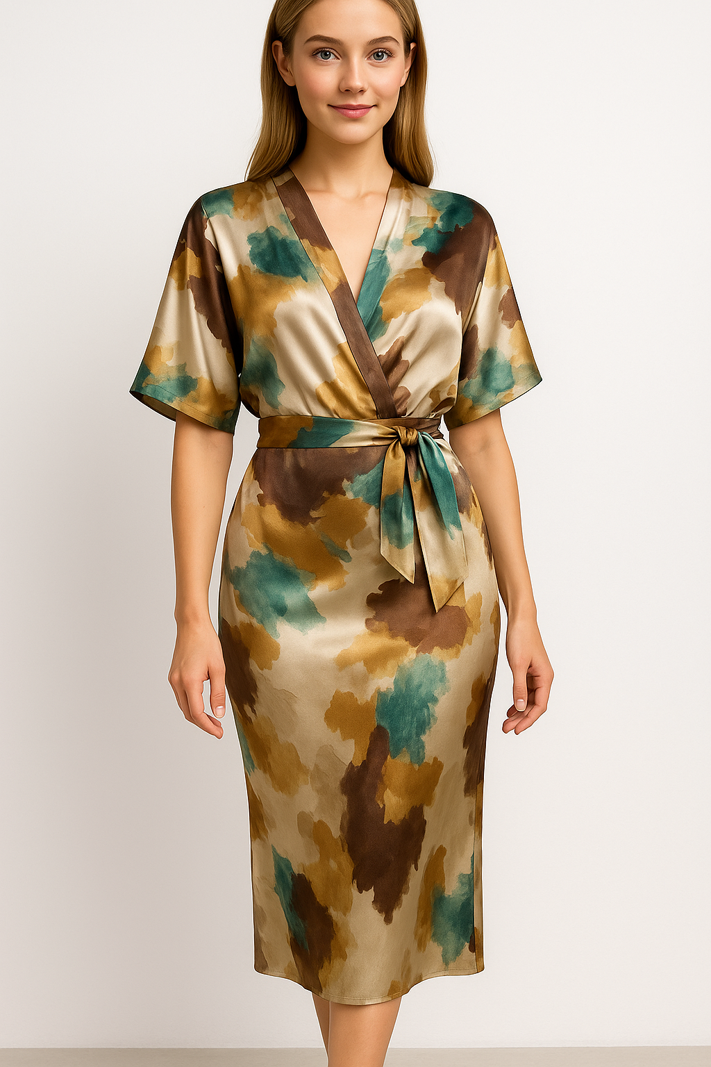 Abito da Donna in Satin Elegante con Stampa Astratta Floreale, Lunghezza Midi - - abito abito con stampa astratta abito da donna abito donna abito in satin abito versatile astratta design artistico donna dresses eleganza e comfort look audaci moda femminile satin stampa vestito al ginocchio vestito elegante - Concept Palermo