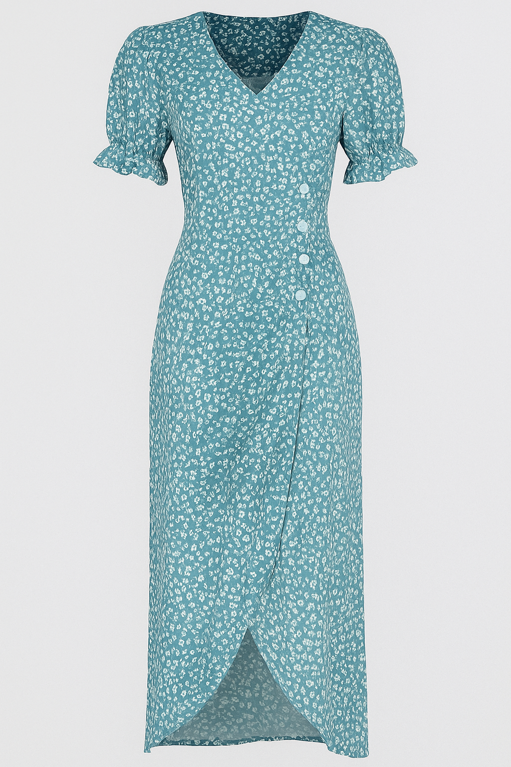 Vestito midi stampato con scollatura a V e bottoni laterali Donna - Blu - bottoni donna dresses Frauen Kleider laterali midi scollatura stampato vestito - Concept Palermo
