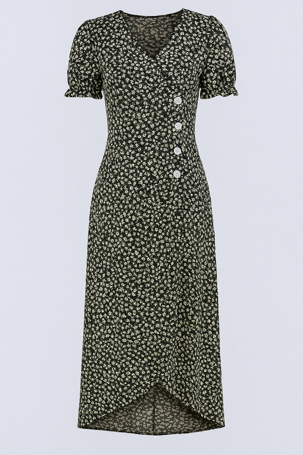 Vestito midi stampato con scollatura a V e bottoni laterali Donna - Nero - bottoni donna dresses Frauen Kleider laterali midi scollatura stampato vestito - Concept Palermo