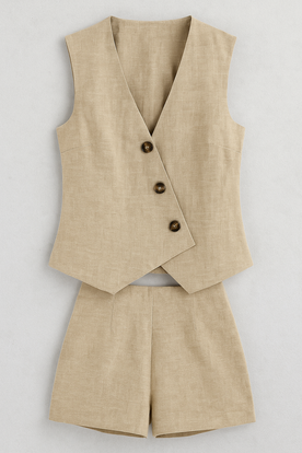 Set estivo da donna con top avvolgente e short in misto lino - Mandorla - avvolgente Clothes clothes for women donna estivo estivo donna Linen lino misto outfit sets short Solid Women women clothes - Concept Palermo