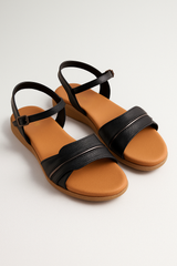 Zwarte platte sandalen met enkelriem en gestreepte dentalgia voor dames