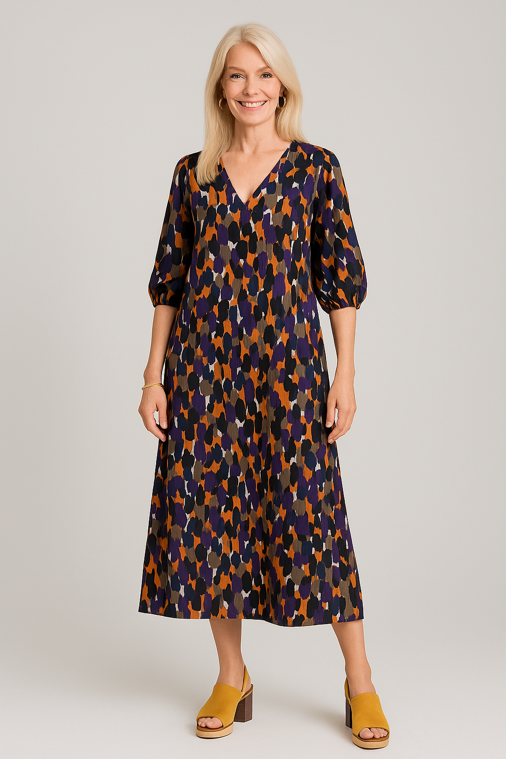 Abito Donna Stampa Vintage - - abito abito alla moda abito da cerimonia abito donna abito elegante abito versatile donna dresses look raffinato moda chic stampa stampa vintage tessuto morbido V-hals abito vestito con maniche a sbuffo vintage - Concept Palermo