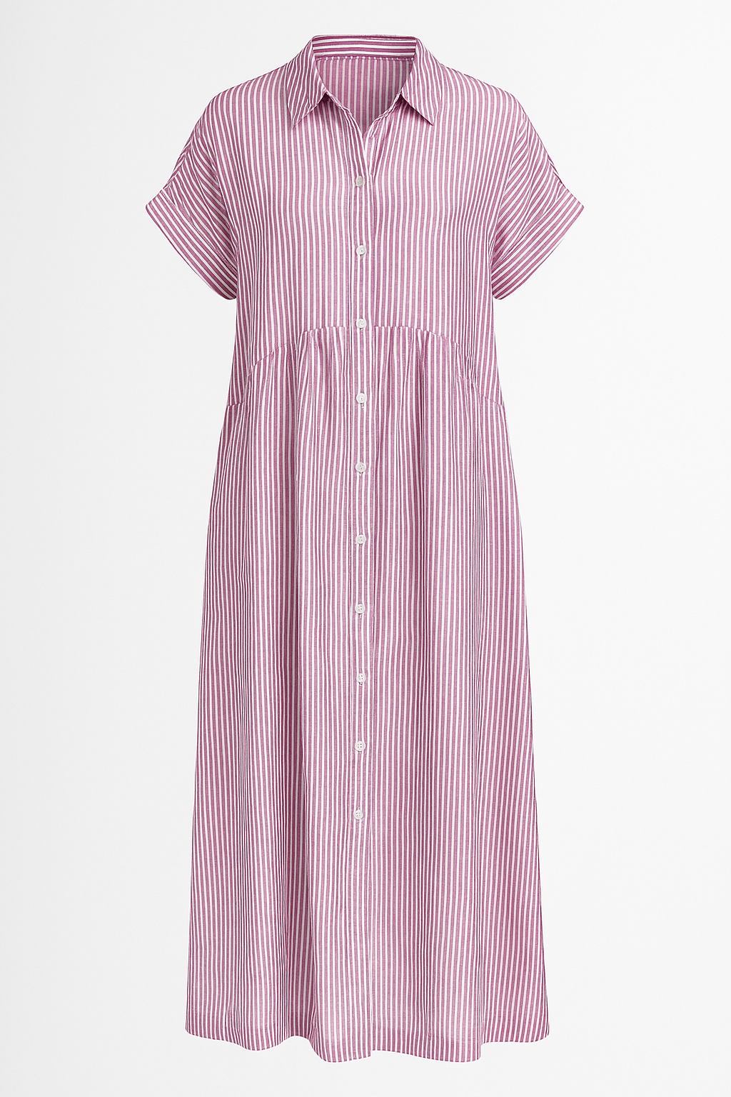 Abito Midi Donna a Strisce con Tasche, Vestito Estivo Casual Elegante - Rosa - abito abito a camicia abito a strisce abito comodo abito con tasche abito elegante abito midi abito versatile donna dresses midi strisce tasche vestito casual vestito da lavoro vestito per tutte le occasioni - Concept Palermo