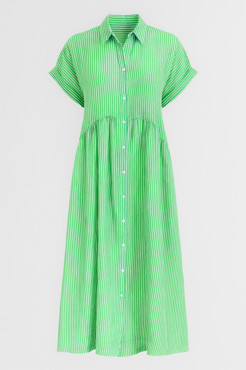 Abito Midi Donna a Strisce con Tasche, Vestito Estivo Casual Elegante - Verde - abito abito a camicia abito a strisce abito comodo abito con tasche abito elegante abito midi abito versatile donna dresses midi strisce tasche vestito casual vestito da lavoro vestito per tutte le occasioni - Concept Palermo