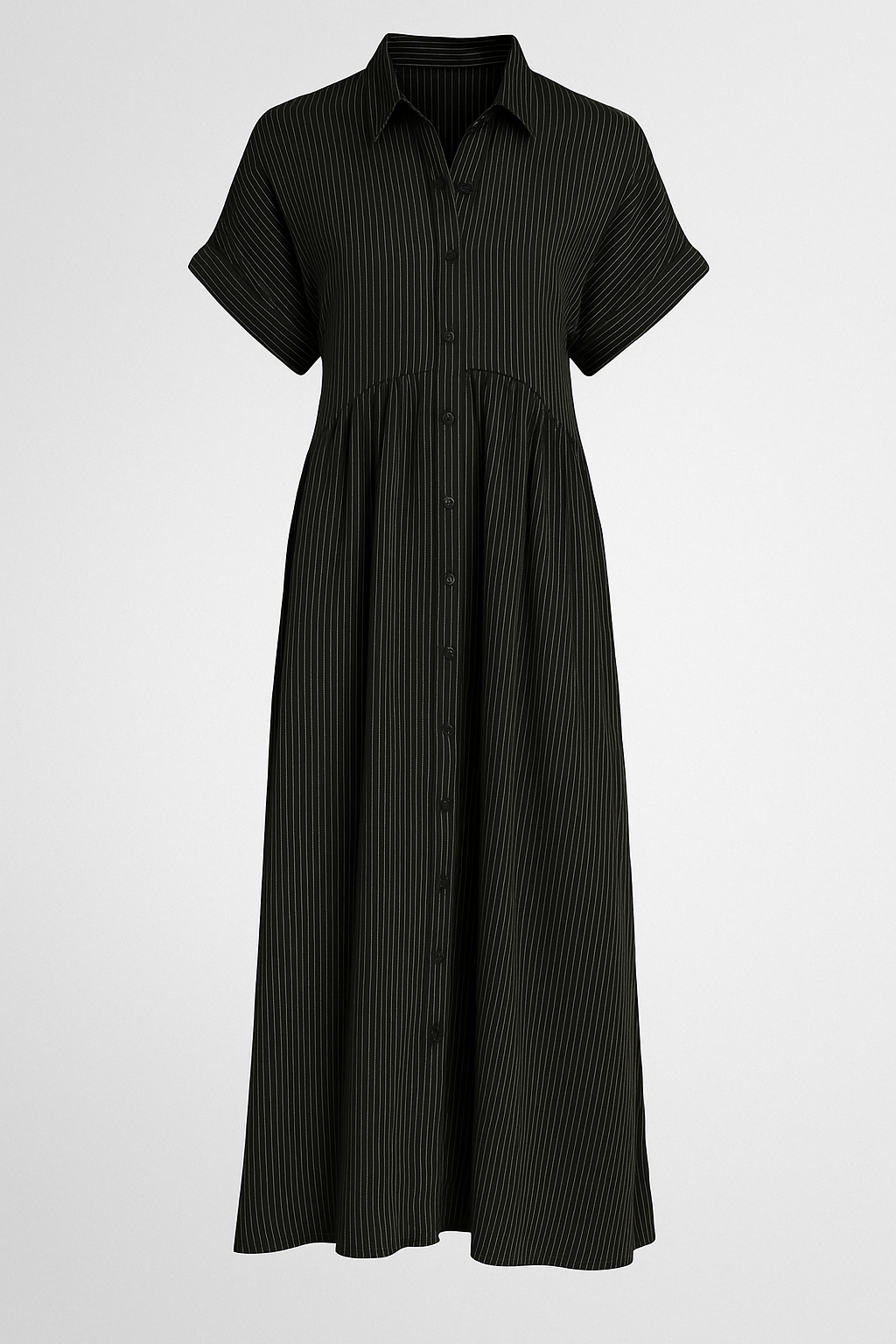 Abito Midi Donna a Strisce con Tasche, Vestito Estivo Casual Elegante - Nero - abito abito a camicia abito a strisce abito comodo abito con tasche abito elegante abito midi abito versatile donna dresses midi strisce tasche vestito casual vestito da lavoro vestito per tutte le occasioni - Concept Palermo