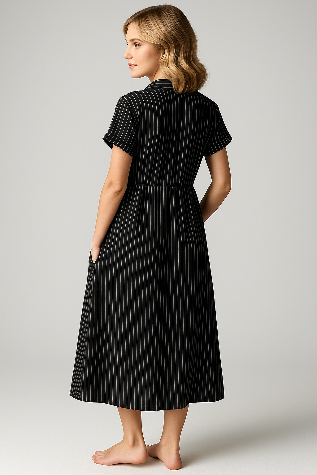 Abito Midi Donna a Strisce con Tasche, Vestito Estivo Casual Elegante - - abito abito a camicia abito a strisce abito comodo abito con tasche abito elegante abito midi abito versatile donna dresses midi strisce tasche vestito casual vestito da lavoro vestito per tutte le occasioni - Concept Palermo