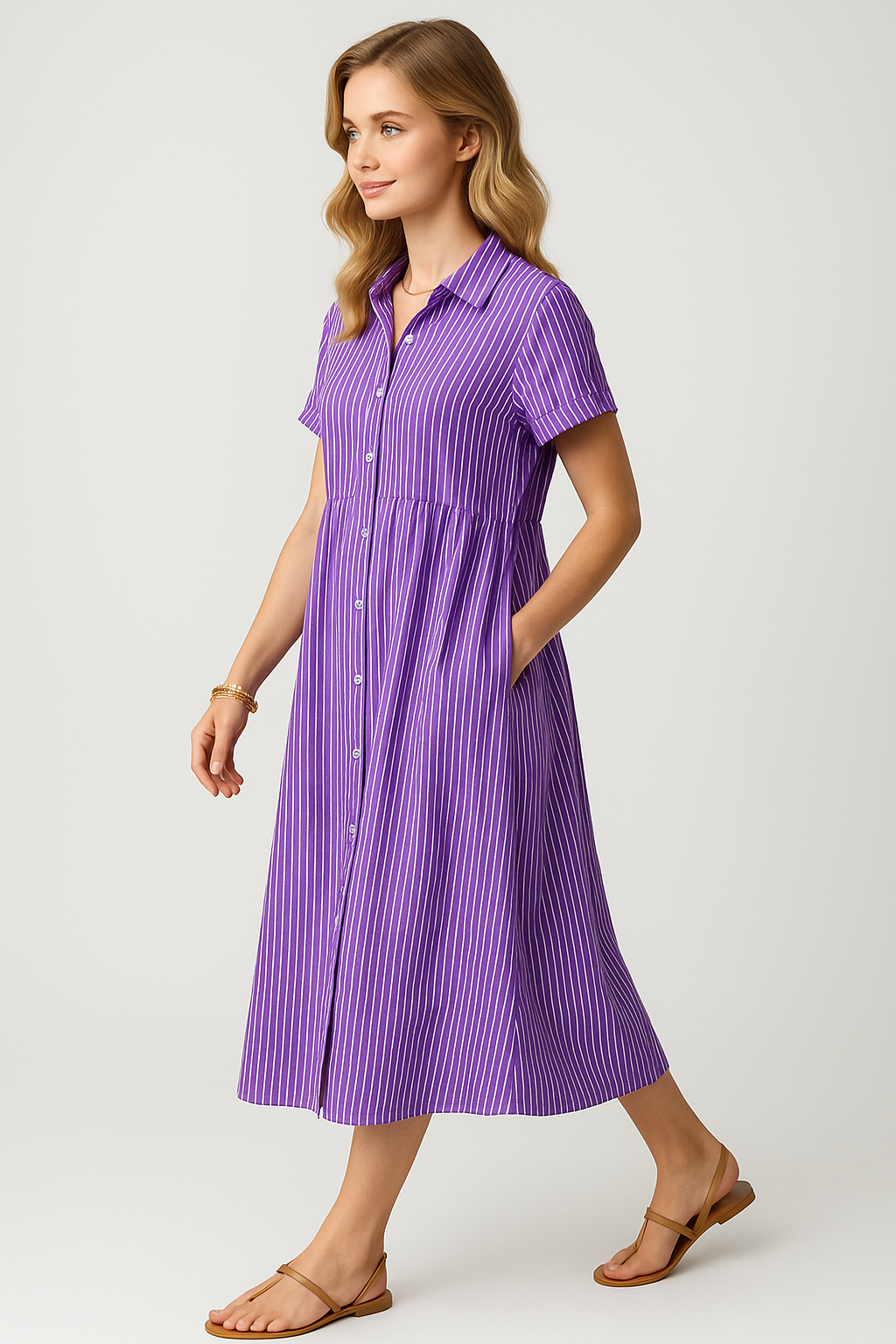 Abito Midi Donna a Strisce con Tasche, Vestito Estivo Casual Elegante - - abito abito a camicia abito a strisce abito comodo abito con tasche abito elegante abito midi abito versatile donna dresses midi strisce tasche vestito casual vestito da lavoro vestito per tutte le occasioni - Concept Palermo
