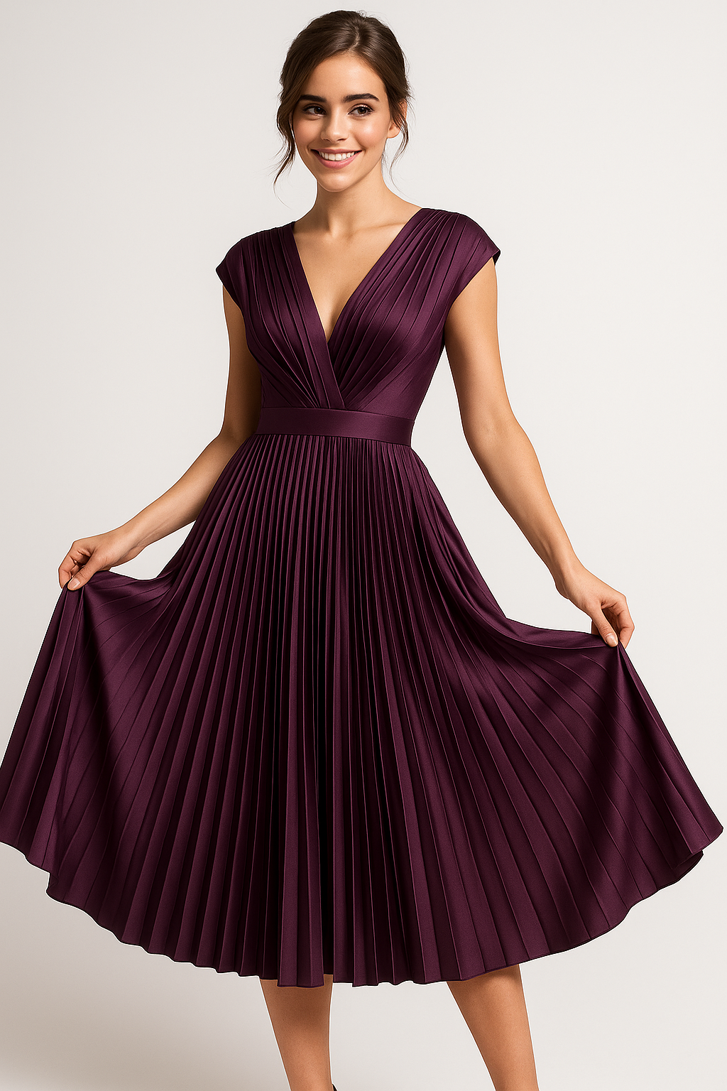 Abito Midi Donna Elegante Plissettato con Scollo a V - Perfetto per Ogni Occasione - - Abendkleid abito abito midi Cocktailkleid Damen donna dresses Kleider Kurzärmeliges Kleid midi Midikleid Partykleid plissettato Plissiertes Kleid scollo V-Ausschnitt Kleid - Concept Palermo