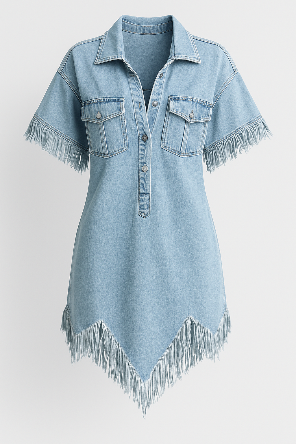 Abito chemisier in denim Dakota con frange e tasche sul petto Donna - Celeste S - abito abito chemisier chemisier dakota denim donna dresses fashion Fashion & Casual frange womens fashion - Concept Palermo