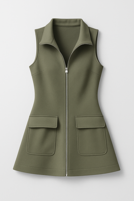 Mini Vestito Senza Maniche con Zip e Tasche funzionali Donna - Olivgrün S - donna dresses fashion Fashion & Casual funzionali Linen maniche Solid tasche vestito vestito maniche women women fashion womens fashion - Concept Palermo
