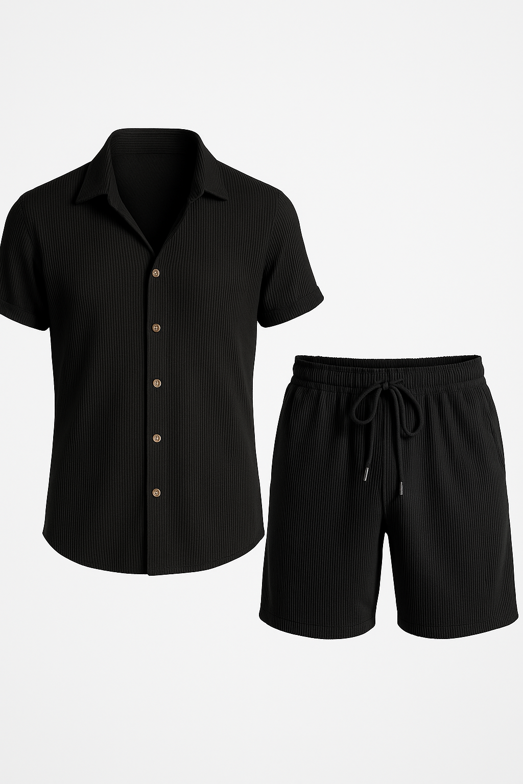 Set estivo in cotone con camicia a maniche corte e pantaloncini elastici Pelle - Nero - camicia casual summer outfit corte cotone elastici estivo estivo cotone maniche outfit sets - Concept Palermo