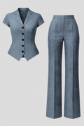 Conjunto completo de lino para mujer negro elegante con top y pantalones de talle alto S-L