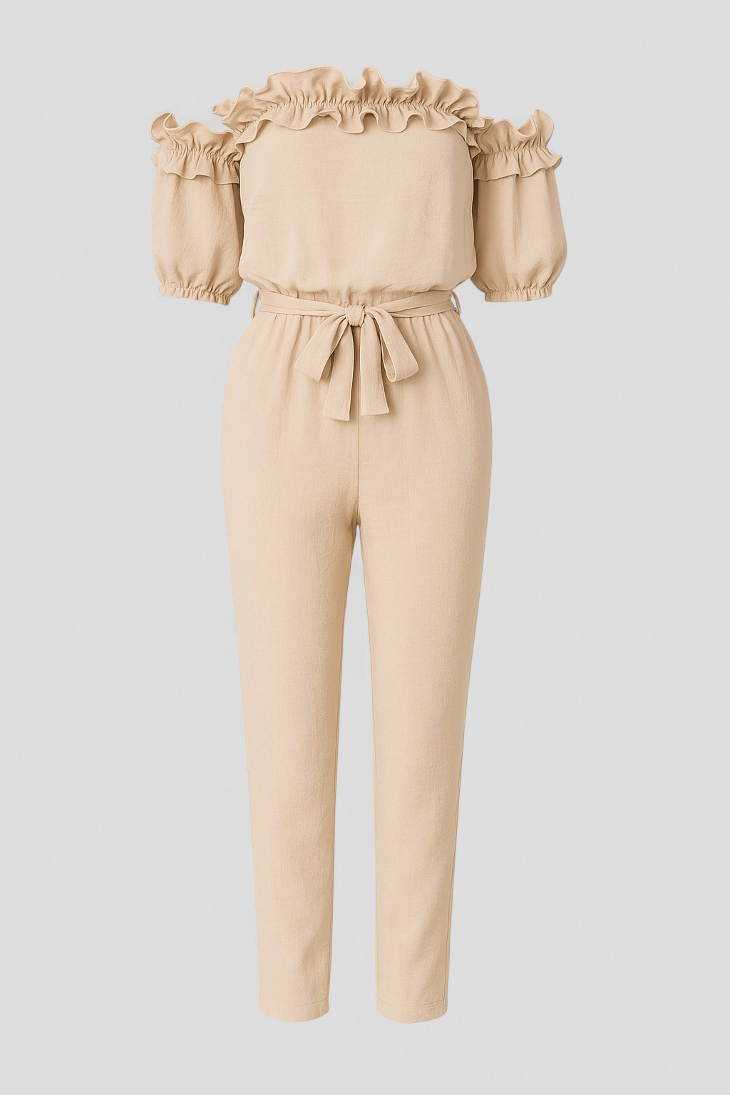 Kombinezon con Maniche a Volant - Beige - abbigliamento estivo abito comodo capo alla moda kombinezon kombinezon elegante kombinezon maniche look romantico maniche maniche a volant one-pieces outfit serale stile e comfort versatilità moda vestiti femminili volant - Concept Palermo