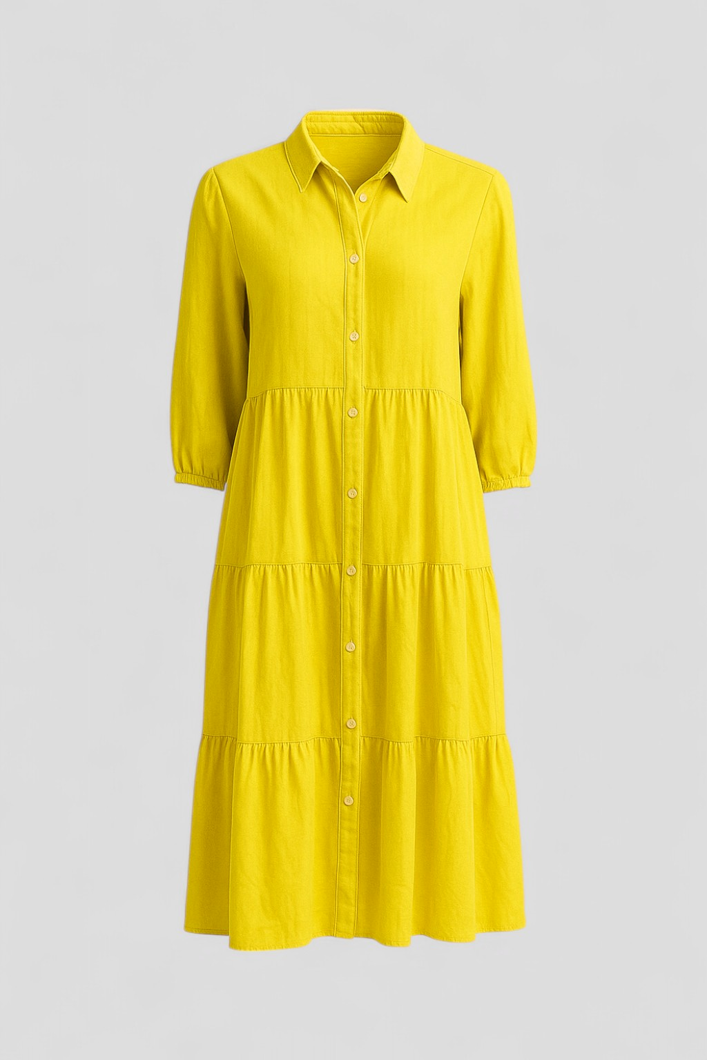 Abito Lungo Donna con Collo a Revers - Giallo - abito abito casual semi-formale abito con collo a revers abito donna abito lungo elegante abito per eventi sociali collo comfort traspirante design minimalista donna dresses maniche a tre quarti revers silhouette ampia stile monocromatico vestito donna versatile - Concept Palermo