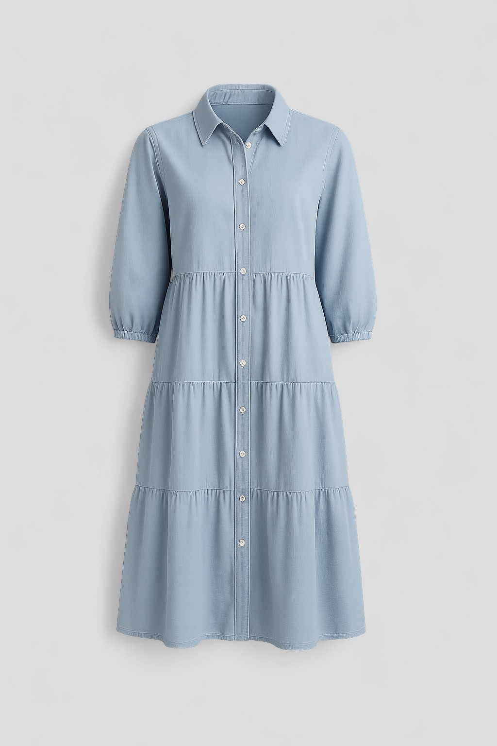 Abito Lungo Donna con Collo a Revers - Azzurro chiaro - abito abito casual semi-formale abito con collo a revers abito donna abito lungo elegante abito per eventi sociali collo comfort traspirante design minimalista donna dresses maniche a tre quarti revers silhouette ampia stile monocromatico vestito donna versatile - Concept Palermo