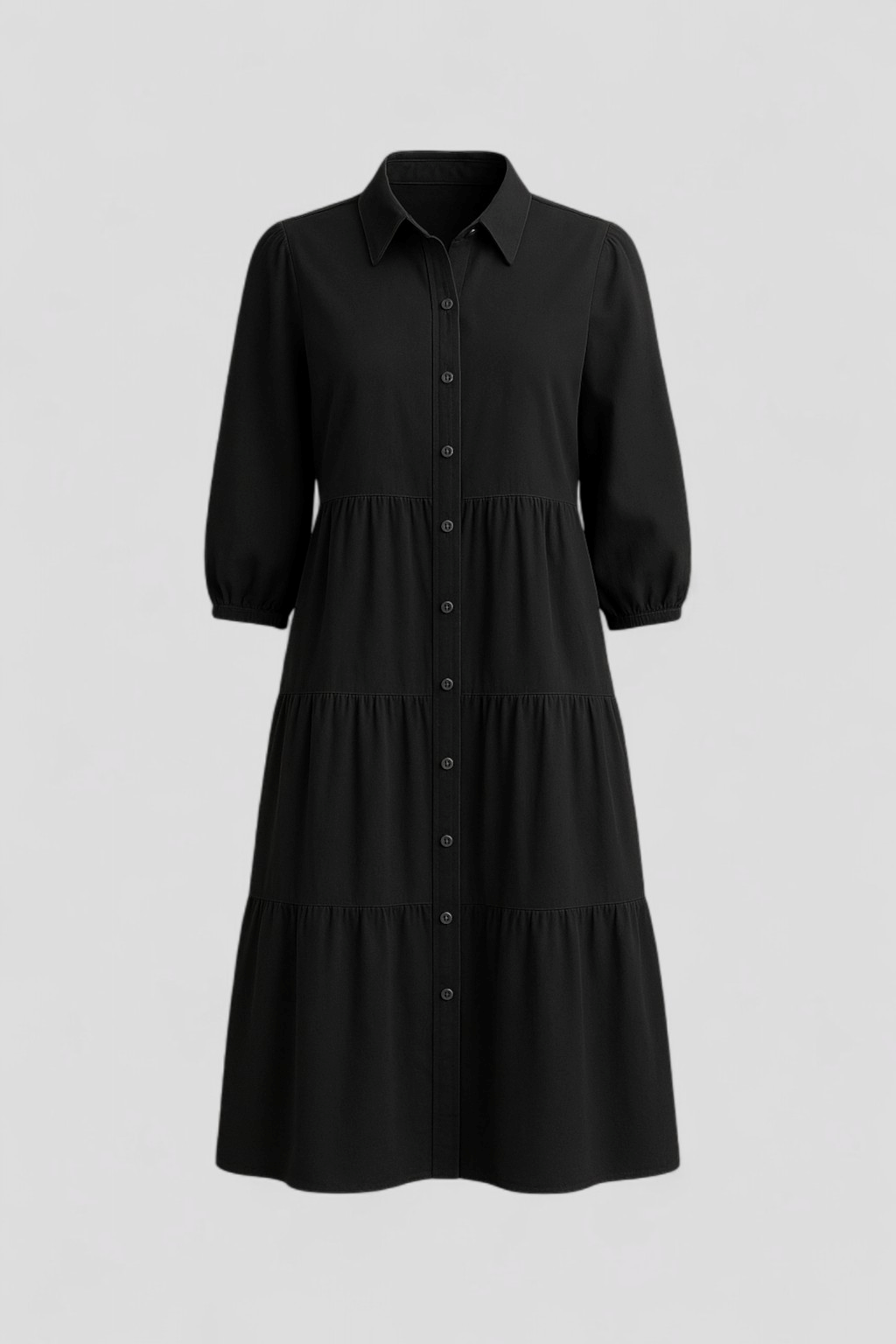 Abito Lungo Donna con Collo a Revers - Nero - abito abito casual semi-formale abito con collo a revers abito donna abito lungo elegante abito per eventi sociali collo comfort traspirante design minimalista donna dresses maniche a tre quarti revers silhouette ampia stile monocromatico vestito donna versatile - Concept Palermo
