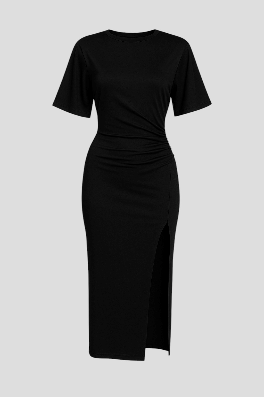 Abito Midi con Spacco per Donna Cotone - Nero - abbigliamento donna chic abbigliamento leggero e traspirante abito abito bodycon abito con spacco elegante abito midi abito midi in cotone abito versatile con maniche corte cotone donna dresses midi moda primavera estate outfit da brunch spacco stile e comfort vestito estivo casual - Concept Palermo