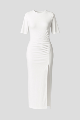 Abito Midi Donna in Cotone con Spacco Laterale - Vestito Estivo Casual Elegante - Bianco - abbigliamento donna chic abbigliamento leggero e traspirante abito abito bodycon abito con spacco elegante abito midi abito midi in cotone abito versatile con maniche corte cotone Cotton donna dresses midi moda primavera estate outfit da brunch Solid spacco Spring Summer stile e comfort vestito estivo casual Women - Concept Palermo