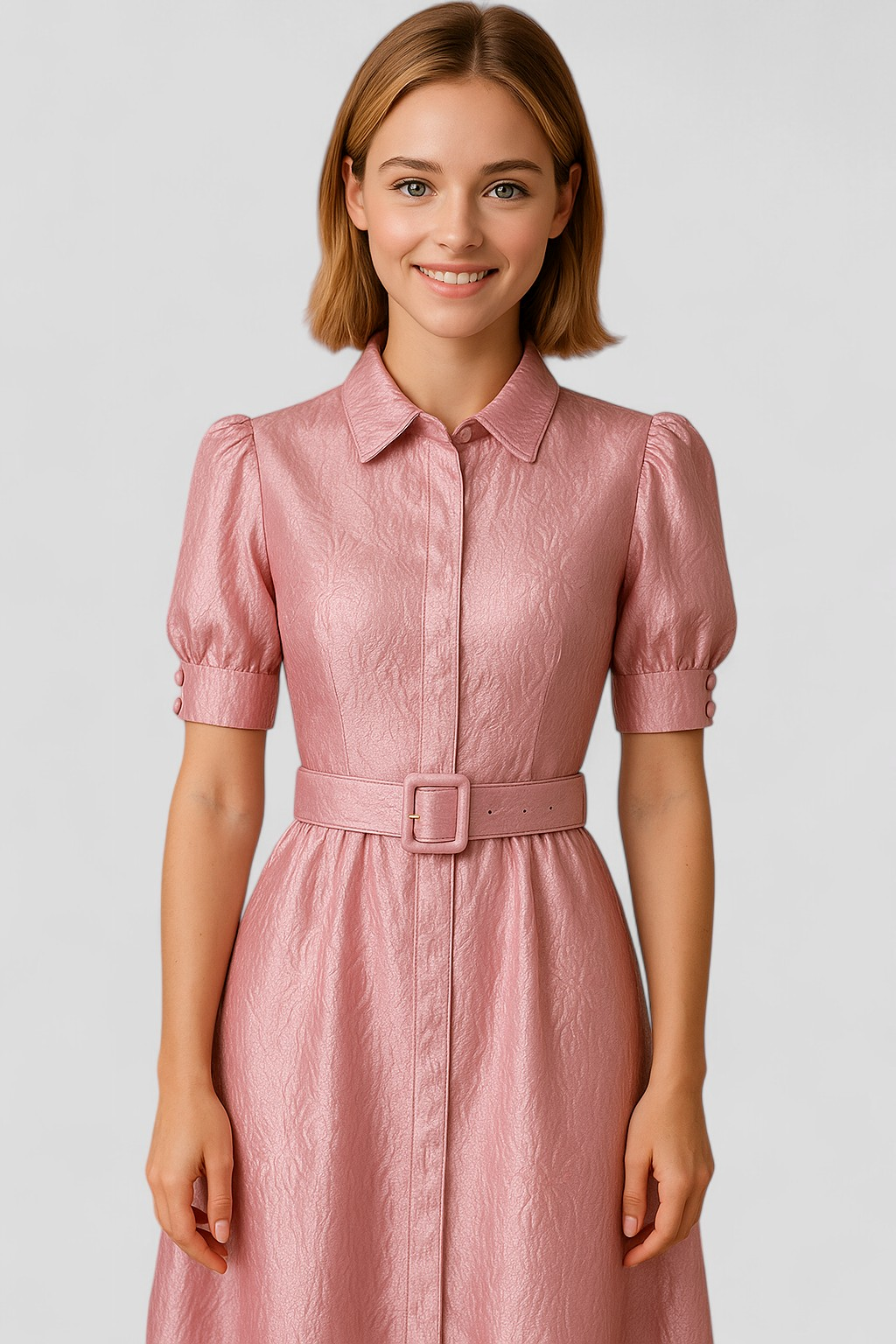 Abito Camicia Lungo Rosa in Jacquard con Fiori e Cintura Coordinata Donna - - abito abito camicia camicia casual dresses cintura coordinata donna DRESS Dresses female dress fiori - Concept Palermo