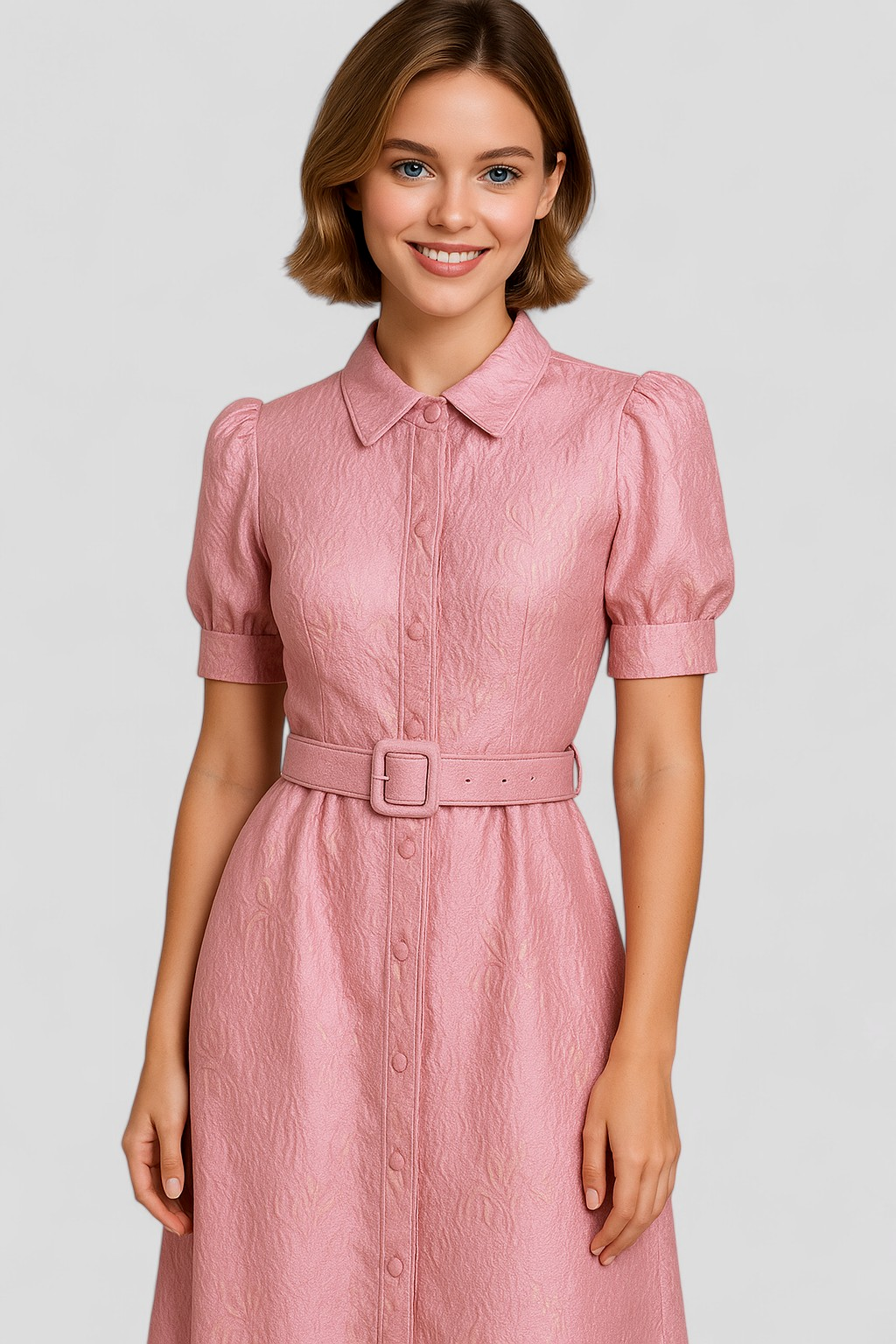 Abito Camicia Lungo Rosa in Jacquard con Fiori e Cintura Coordinata Donna - - abito abito camicia camicia casual dresses cintura coordinata donna DRESS Dresses female dress fiori - Concept Palermo