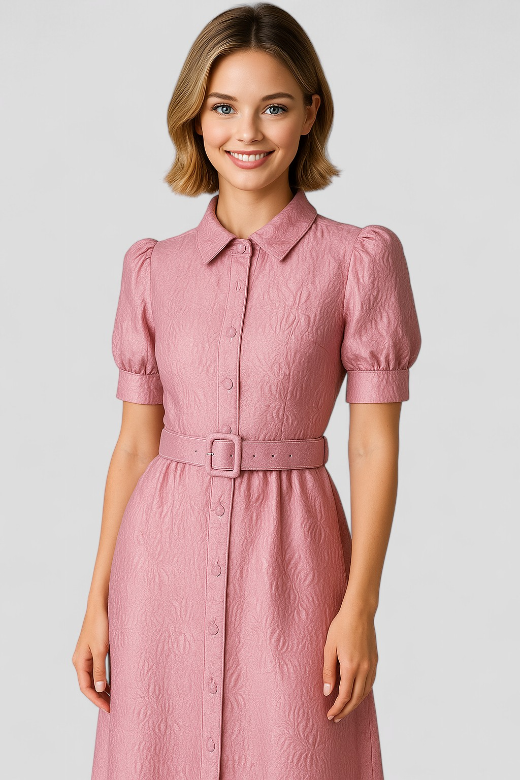 Abito Camicia Lungo Rosa in Jacquard con Fiori e Cintura Coordinata Donna - - abito abito camicia camicia casual dresses cintura coordinata donna DRESS Dresses female dress fiori - Concept Palermo