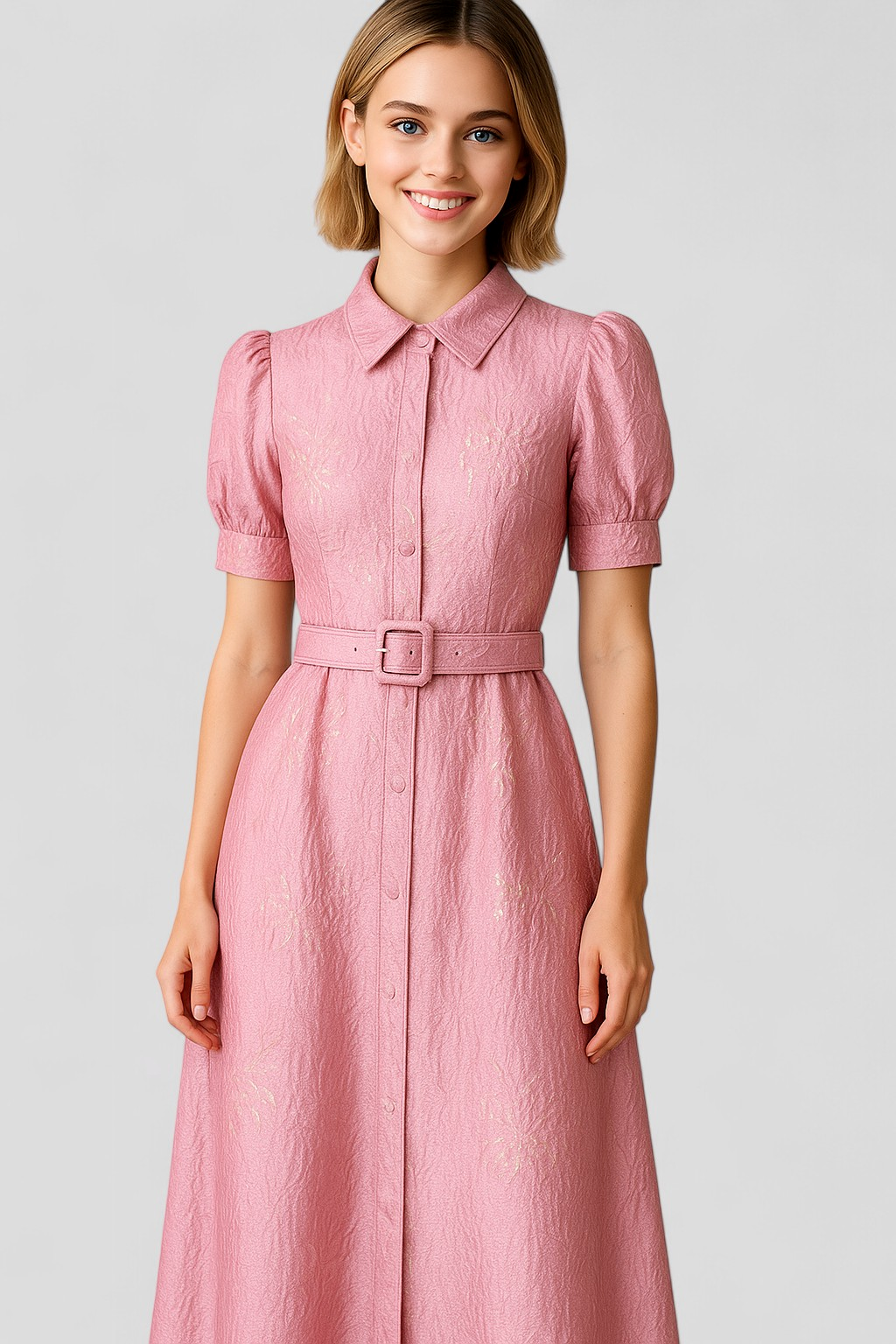 Abito Camicia Lungo Rosa in Jacquard con Fiori e Cintura Coordinata Donna - - abito abito camicia camicia casual dresses cintura coordinata donna DRESS Dresses female dress fiori - Concept Palermo
