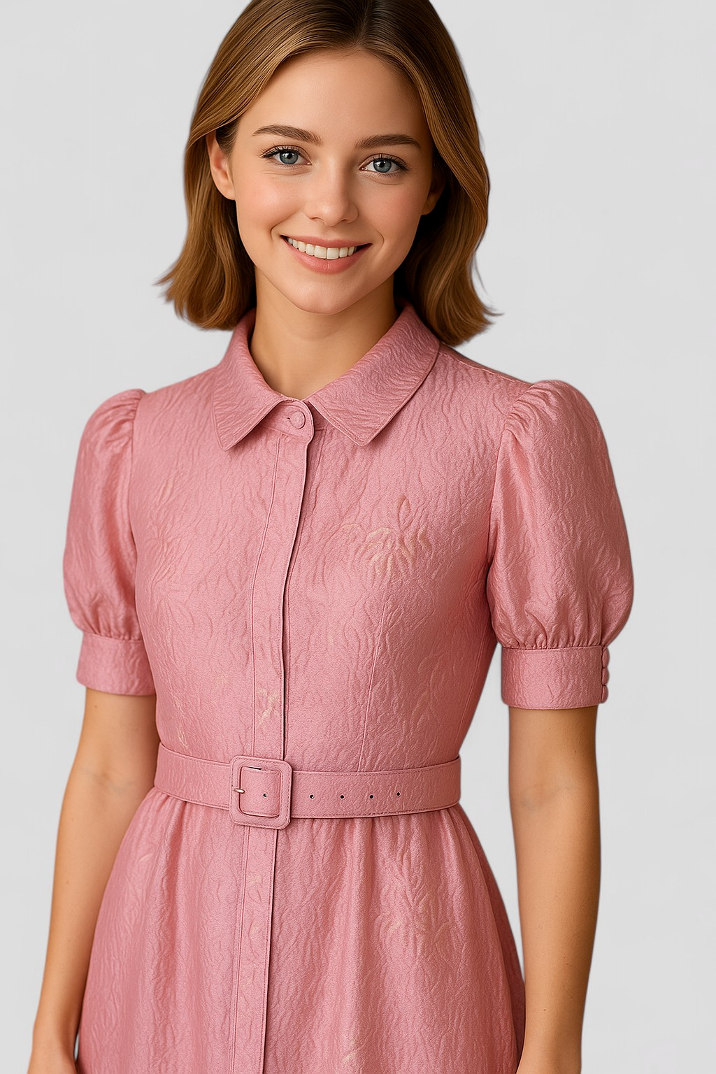 Abito Camicia Lungo Rosa in Jacquard con Fiori e Cintura Coordinata Donna - - abito abito camicia camicia casual dresses cintura coordinata donna DRESS Dresses female dress fiori - Concept Palermo