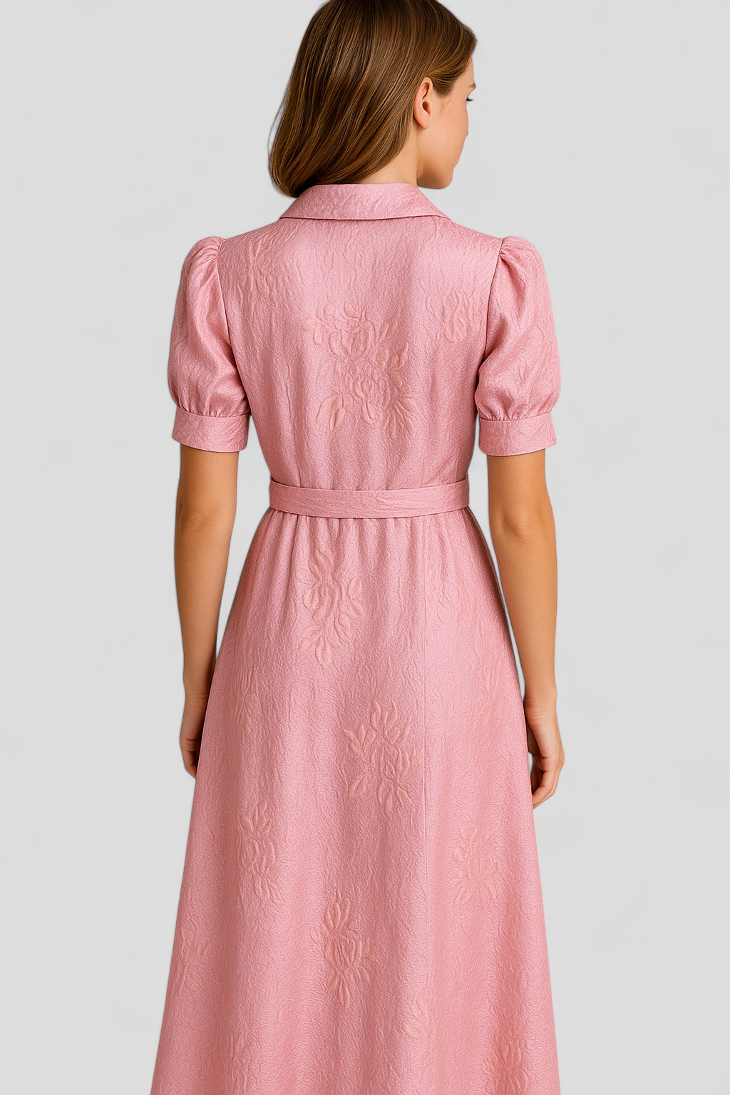 Abito Camicia Lungo Rosa in Jacquard con Fiori e Cintura Coordinata Donna - - abito abito camicia camicia casual dresses cintura coordinata donna DRESS Dresses female dress fiori - Concept Palermo