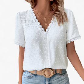 Blusa Vintage in Cotone con Dettagli in Pizzo e Maniche a Palloncino Blu - Bianco - blouse for women blusa blusa vintage cotone Cotton dettagli Haut/Blouse maniche palloncino pizzo tops for women vintage Women - Concept Palermo