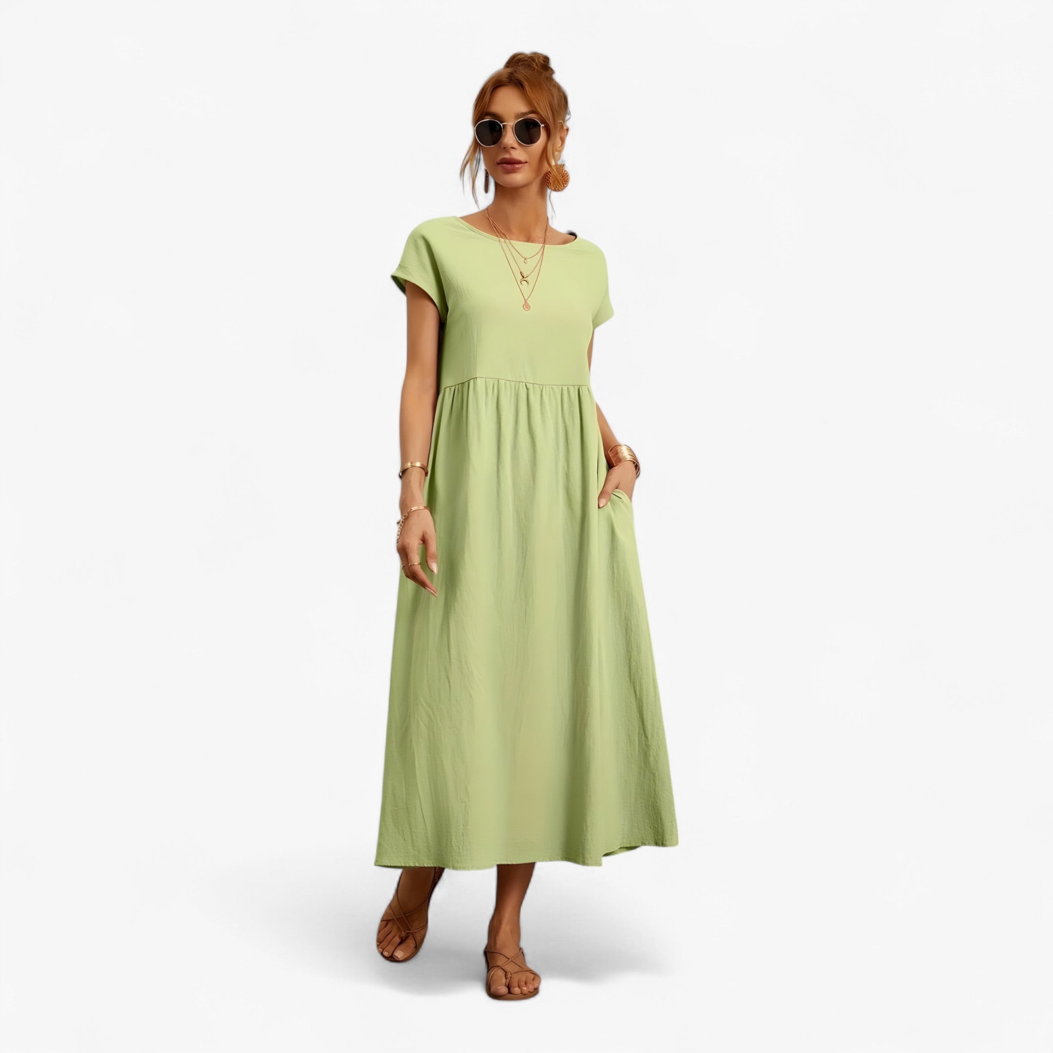 Abito Beige Elegante da Donna in Lino Taglie Forti per Cerimonia Estiva - Verde - abito abito donna donna dresses - Concept Palermo