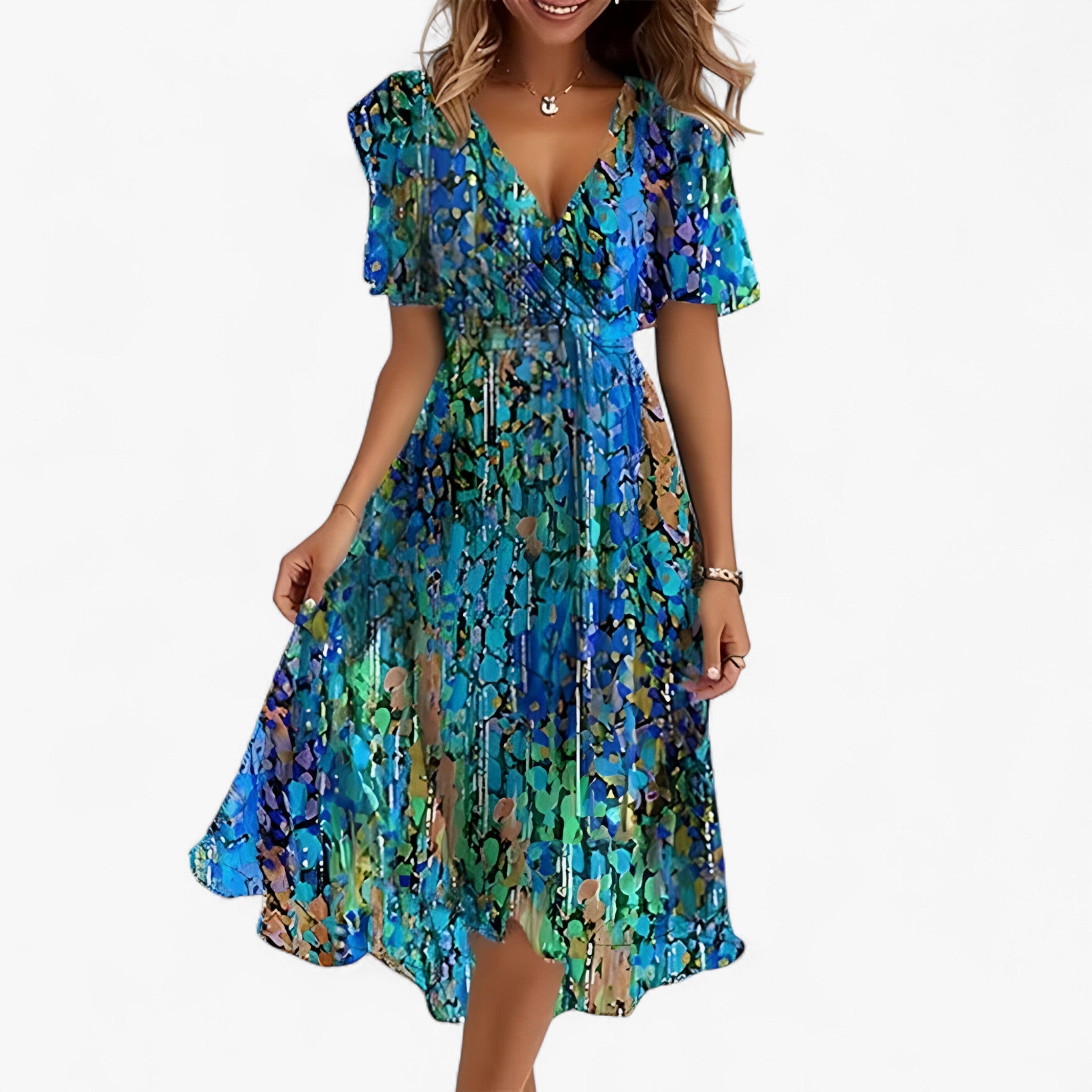 Abito Midi Floreale Neutro in Ecopelle da Donna - Elegante, Versatile - Azzurro - abito abito midi donna DRESS Dresses female dress floral dresses floreale midi neutra pelle - Concept Palermo