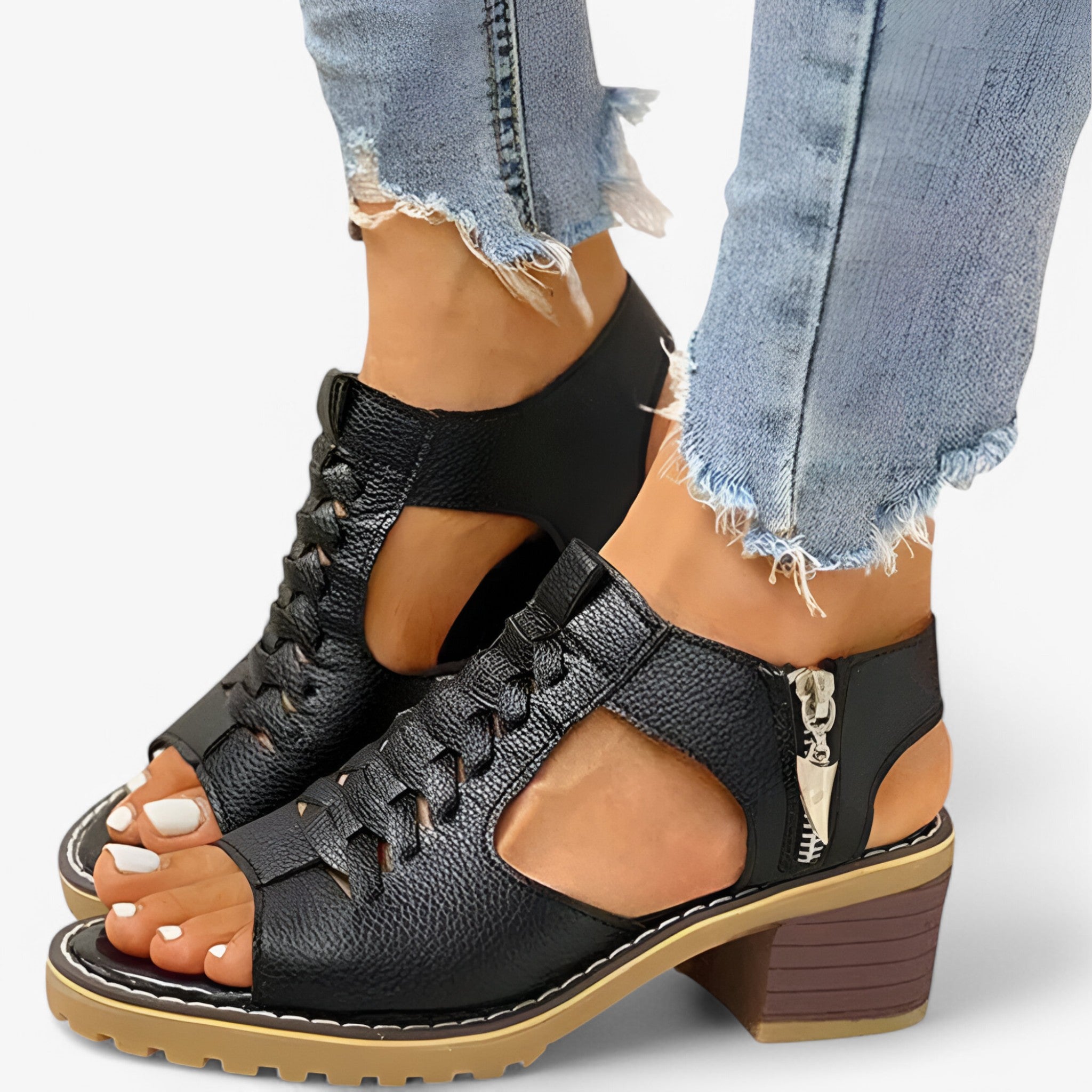 Sandali Donna Ecopelle Neri Con Fasce Incrociate - Nero - donna ecopelle fasce incrociate neri sandali sandali donna sandals - Concept Palermo
