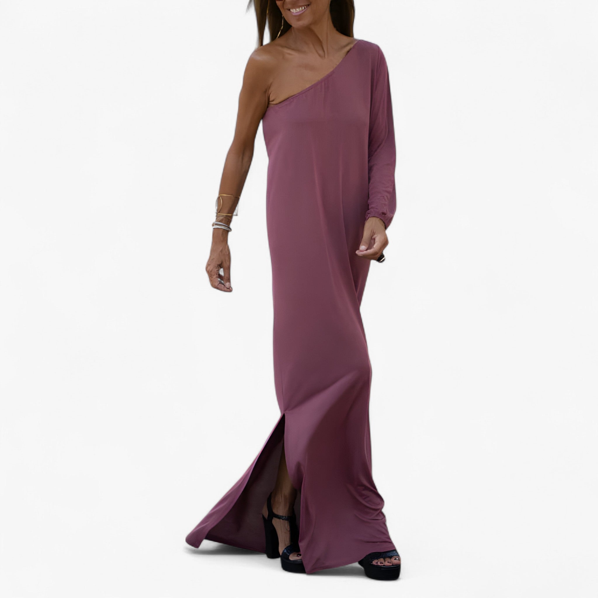 Abito Monospalla Donna Elegante Nero in Raso Taglie Forti - Rosa - abito abito spalla donna dresses spalla unica - Concept Palermo
