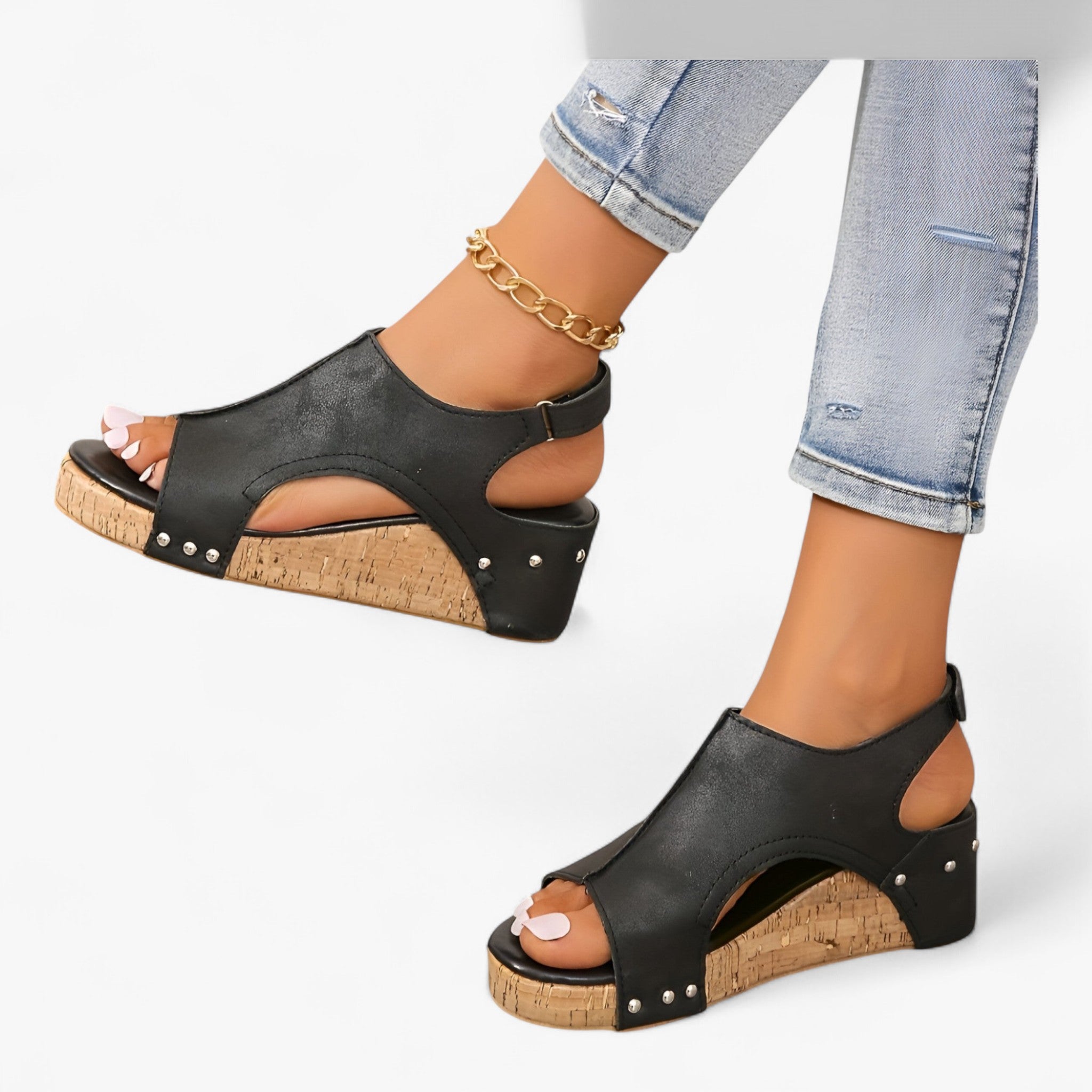 Sandalias con cuña plataforma negras para mujer en piel sintética: cómodas, elegantes, de verano