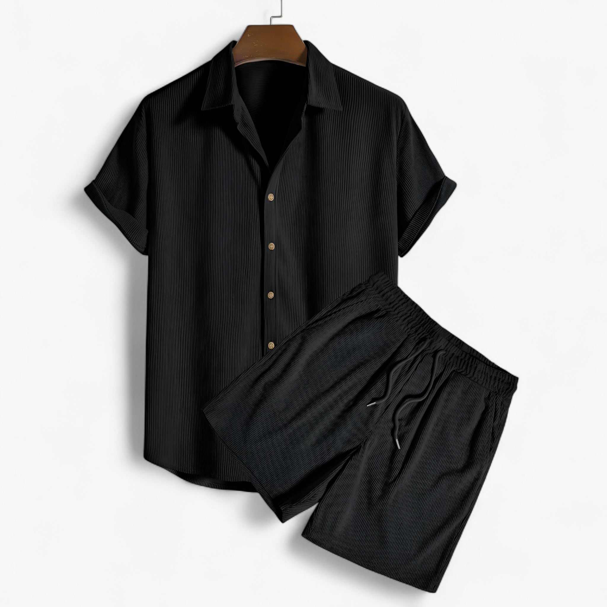 Set Estivo da Uomo in Materiale Traspirante - Nero - afslappet stil delt sæt til mænd estivo estivo uomo flerfarvet sæt komfortabelt skab kortærmet skjorte maskinvaskbar tøj materiale outfit sets slidstærke shorts sommer mode sommertøj til mænd traspirante udendørs outfit uomo - Concept Palermo