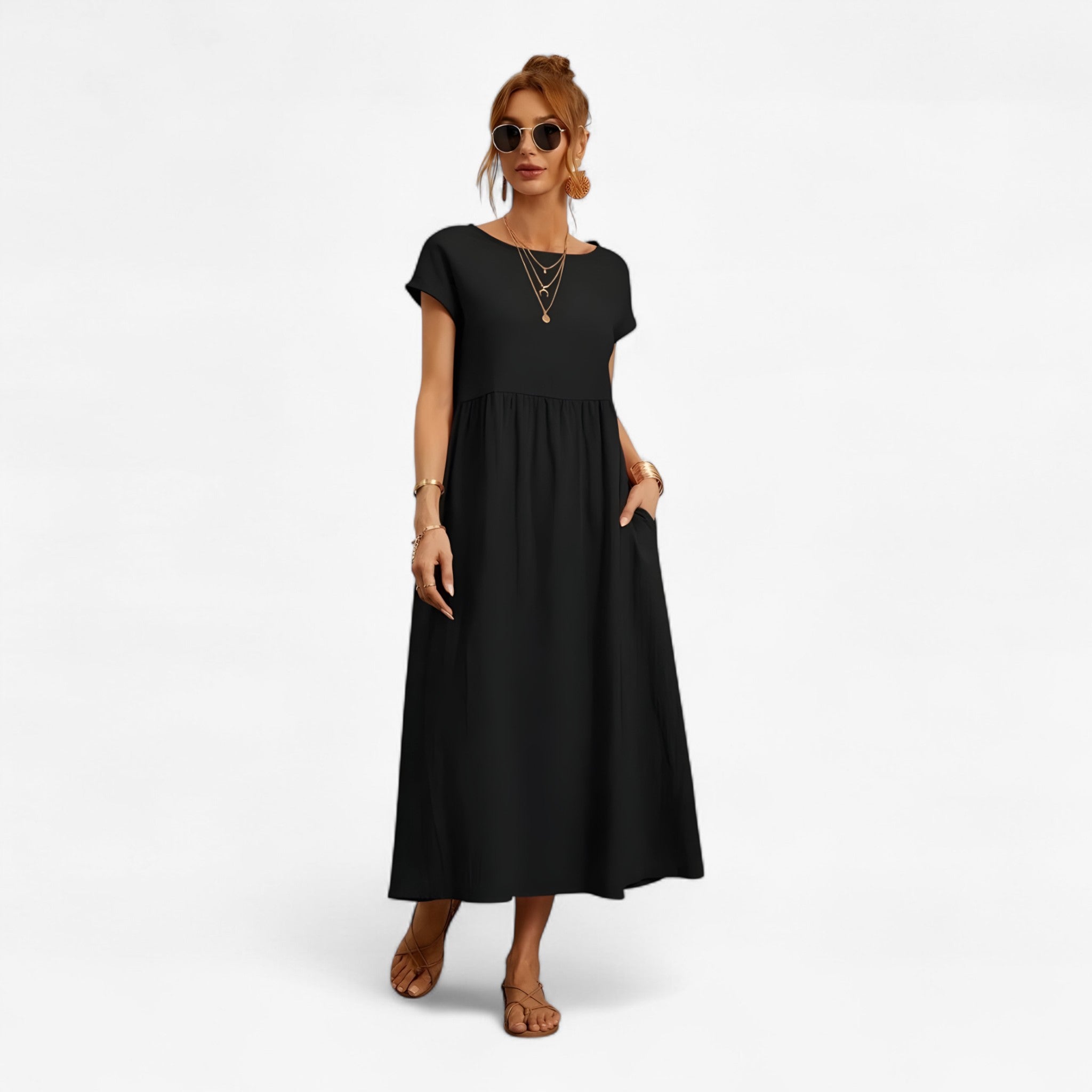 Abito Beige Elegante da Donna in Lino Taglie Forti per Cerimonia Estiva - Nero - abito abito donna donna dresses - Concept Palermo
