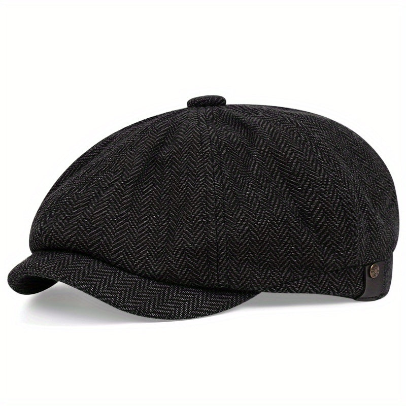 Cappellino retrò con otto pannelli in tessuto tweed a spina di pesce, berretto casual a righe Lino Uomo - Nero 1 - berretto cappellino cappellino retr caps casual hats lino men's hat otto pannelli - Concept Palermo