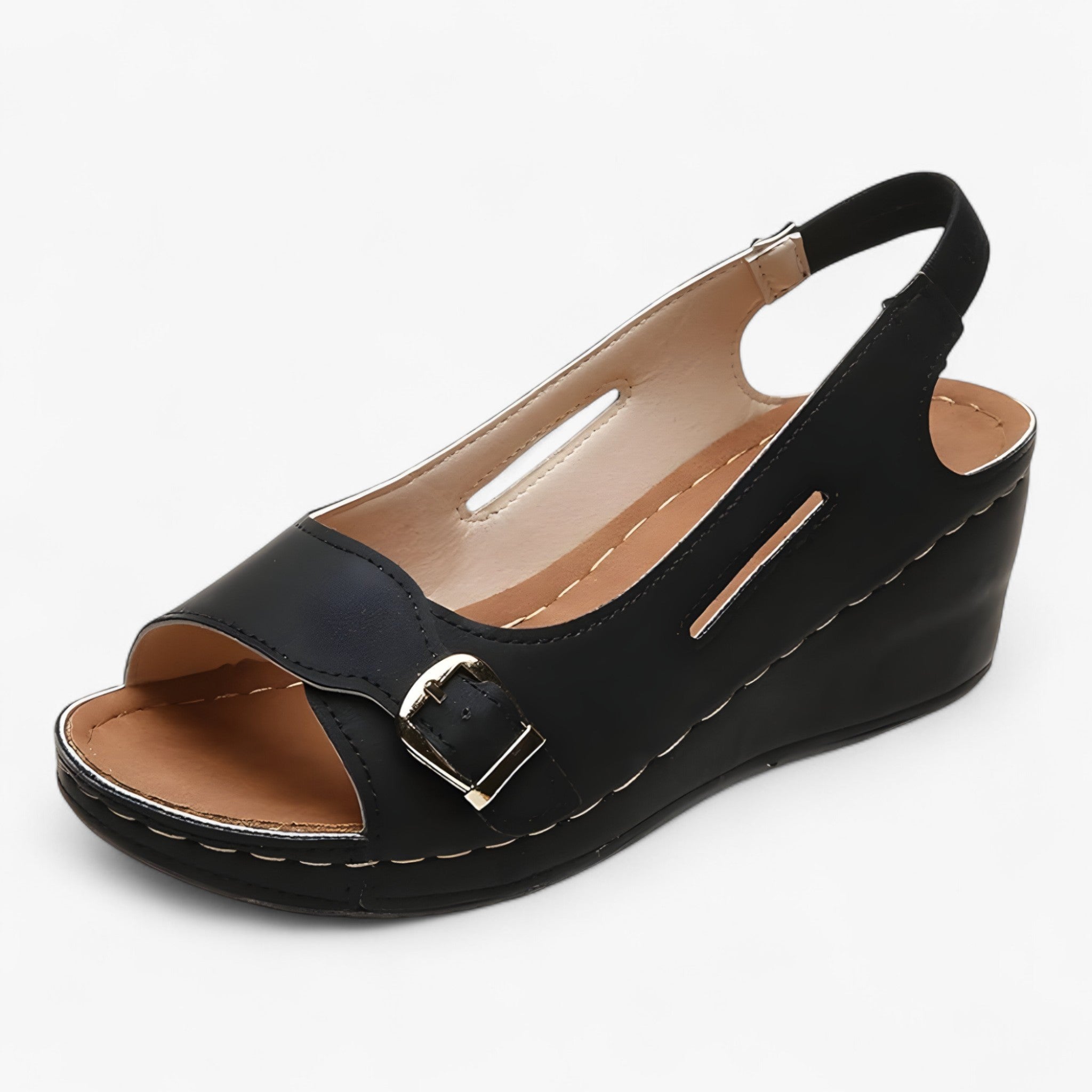 Sandalias cómodas para mujer en piel negra con cuña baja - ideales para el verano