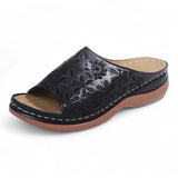 Comfortabele dames sandalen met lage sleehak en bloemenprint, zomerse bloemenmotieven