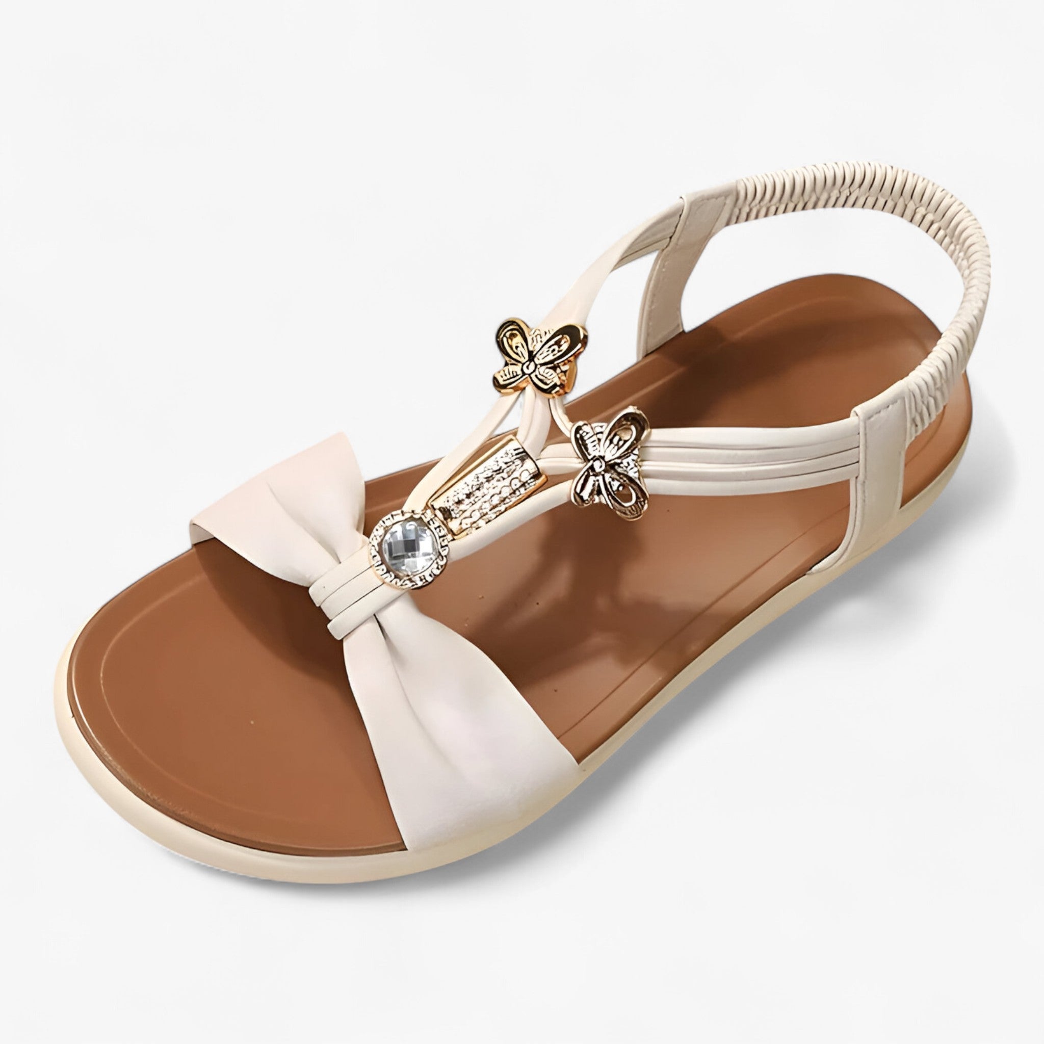 Sandalias mujer ecopiel beige con detalles de perlas cómodas