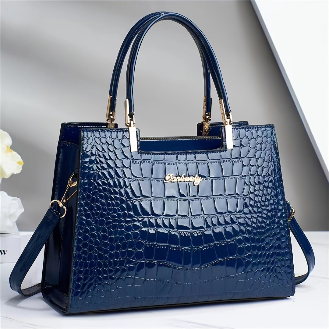 Borsa a Tracolla Donna Nera Lucida Effetto Coccodrillo, Elegante con Cinghia Regolabile - Blu - bags borsa borsa donna coccodrillo donna effetto handbags lucida Women's handbags - Concept Palermo
