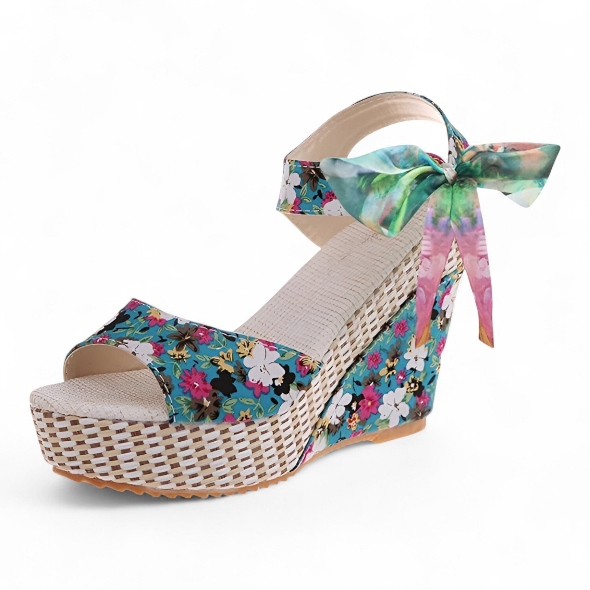 Sandalias florales cómodas para mujer en piel con cuña baja